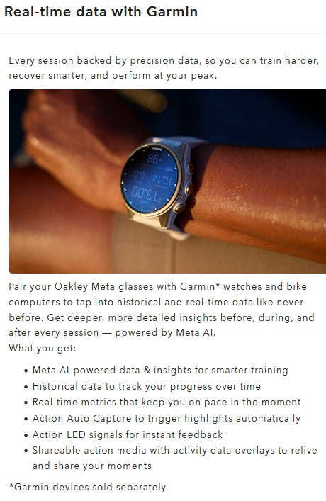 Oakley Meta Vanquish AI Sunglasses Powered by Meta AI and Garmin