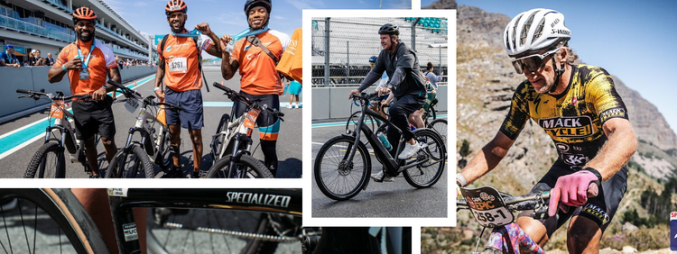 collage of photos for spacialized spring savings. Including Dan Marino riding a specialized turbo como from mack cycle during the dolphin's challenge cancer bike ride.