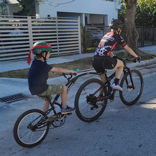 Trail-a-bike, perfect solution with an energetic 8 yr old