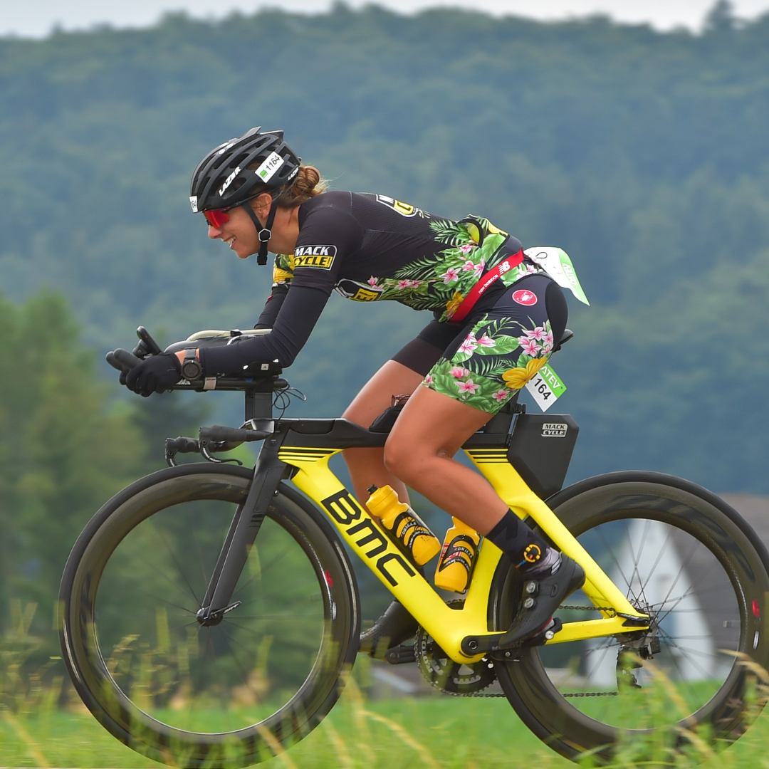 Rachel riding her BMC tri bike on the challenge roth full-distance ironman bike course