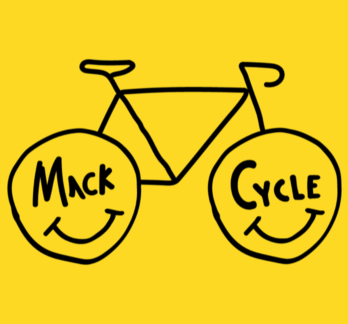 Mack Cycle's Black and Yellow Bicycle Happy Face logo