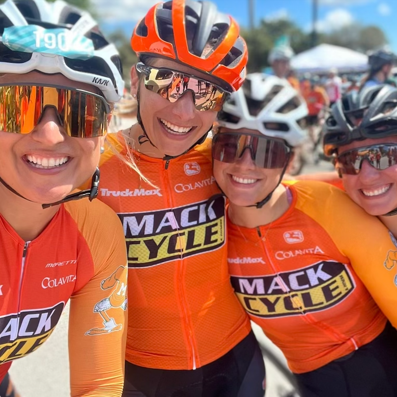 female riders from team hurricanes x mack cycle wear their university of miami women's cycling gear during the Dolphin's Challenge Cancer 2023