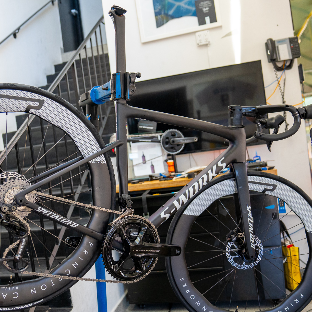custom build s-works Specialized Tarmac SL8 frameset with princeton wheels, ceramic speed, and 4iii power meter