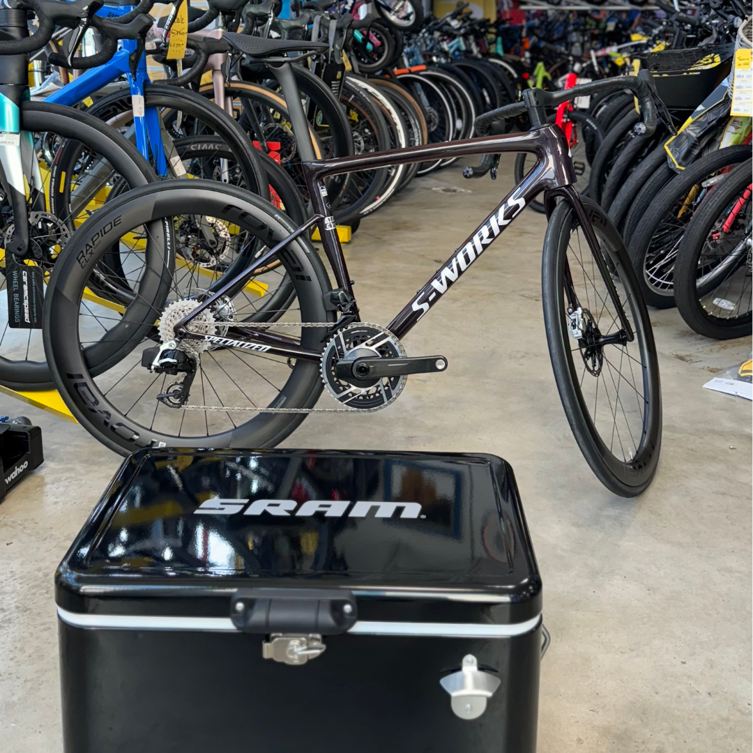 Specialized S-Works Tarmac SL8 SRAM Red AXS 12 Speed Disc Road Bike inside Mack Cycle as part of the cooler launch for the new SRAM AXS
