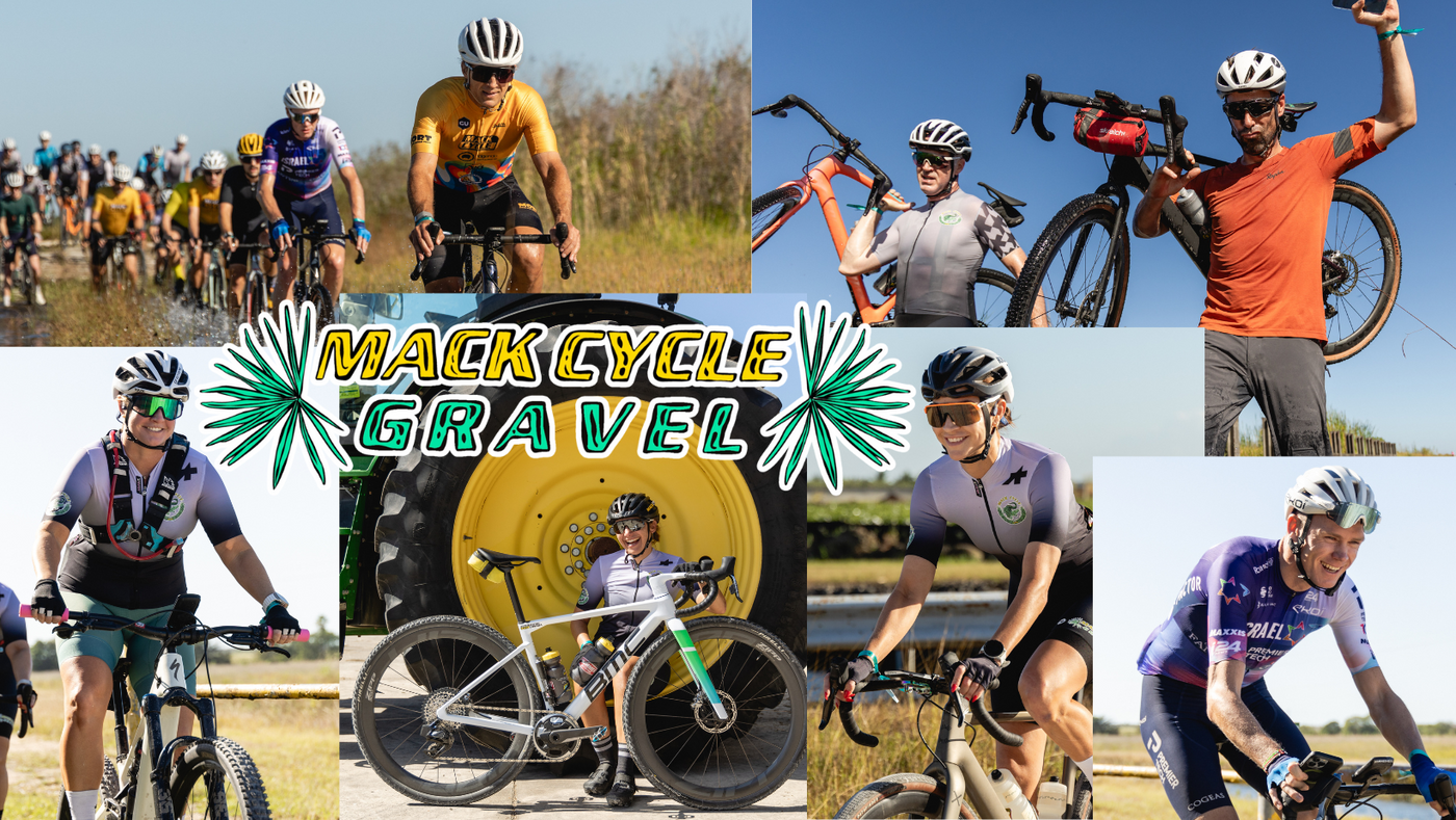 Collage of photos from the mack cycle gravel event featuring Chris froome, Tim Johnson, Randy Egues, Rachel Losada and others. Front and senter features a girl sitting against a tractor wheel with a BMC Kaius 