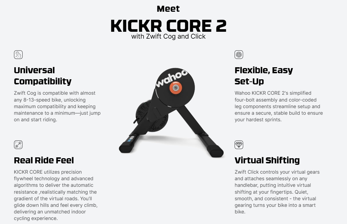 Wahoo KICKR CORE 2 with Zwift Cog and Click Smart Bicycle Trainer