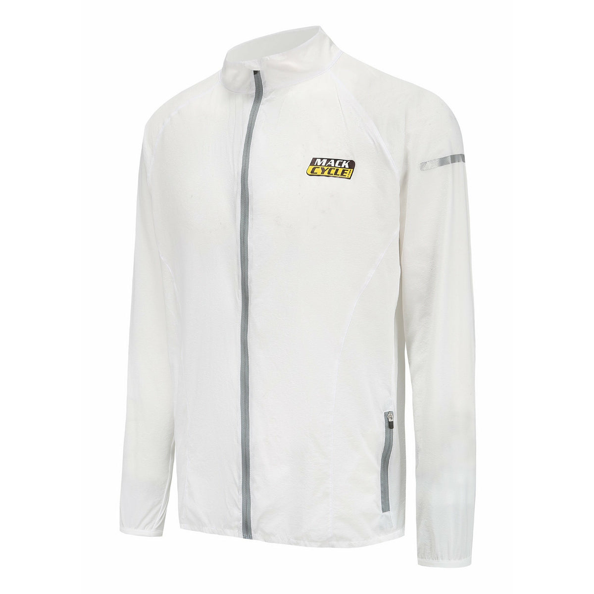 white packable cycling rain jacket with mack cycle logo
